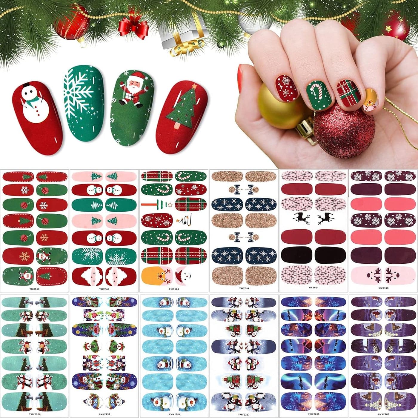 EBANKU 12 Sheets Christmas SelfAdhesive Nail Art Stickers Snowflake Santa Claus Penguin Snowman Christmas Tree Decals With Nail File for Xmas Decoration