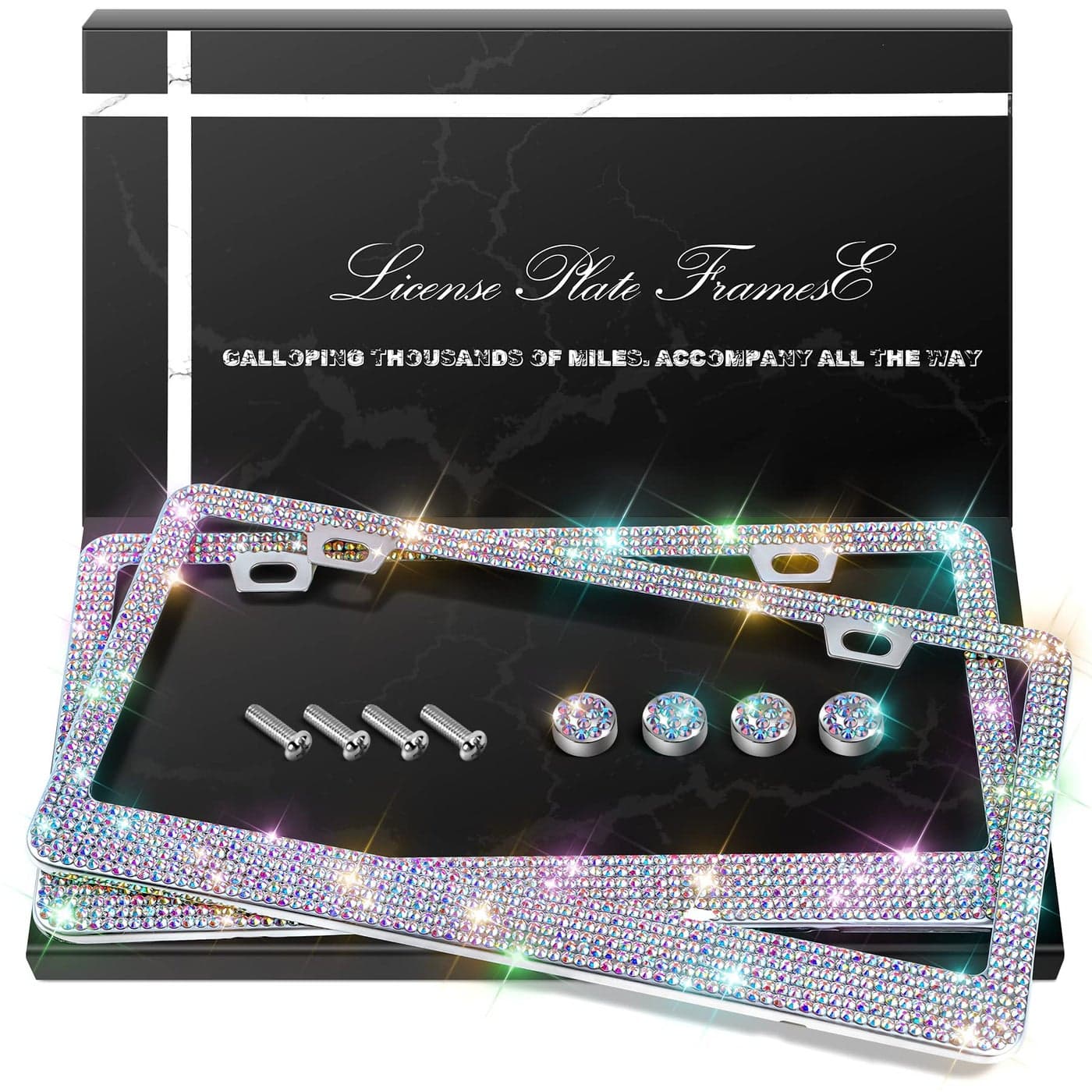 QUANQIUFEI 2 Pack Bling License Plate Frames Sparkly Rhinestone Diamond Car License Plate Cover for Women Stainless Steel Car Accessories with Glitter Crystal Caps Colorful