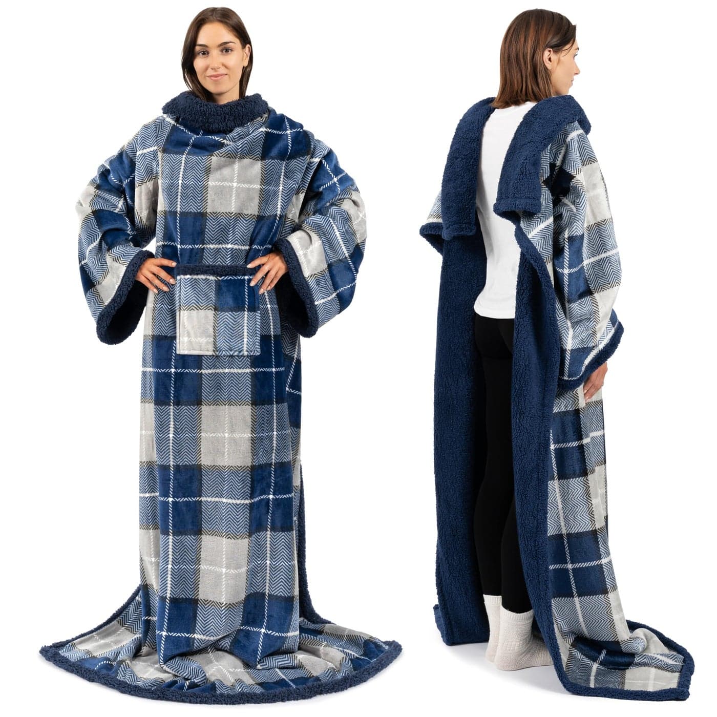PAVILIA Sherpa Fleece Blanket with Sleeves Women Men Adult Wearable Blanket Warm Soft Plush Thick Snuggle Pocket Sleeved TV Throw Wrap Cozy Ideas Mom Wife Plaid Blue