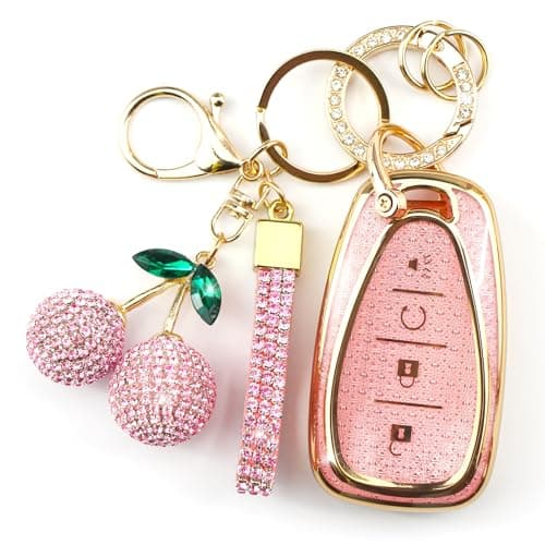 Rayslesan Sparkly Key Fob Cover with Cherry Keychain, Bling TPU Smart Key Case for Women, Compatible with Chevy Trailblazer Blazer Camaro Cruze Traverse (4-Button, Gold Pink)