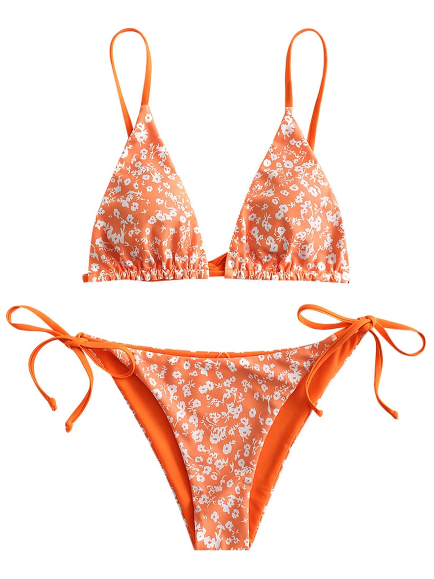 ZAFUL Women's Triangle Bikini Floral String Bikini Set Two Piece Swimsuit Bathing Suits (Pumpkin Orange, Small)