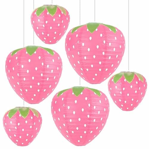 JIEFULL Strawberry Paper Lanterns 8 12 Large Strawberry Hanging Lantern Strawberry Hanging Decorations for Fruit Theme Birthday Party Decor6 Pcs Pink