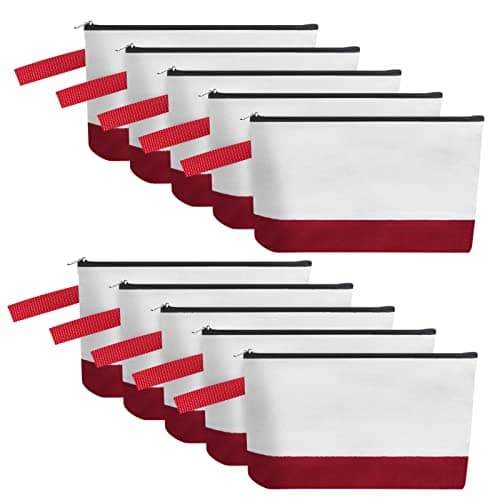 Sinzip 10 Pieces Cotton Canvas Makeup Bag with Bottom and Strap MultiPurpose Cosmetic Bag with Zipper Travel Toiletry Pouch Blank DIY Craft Bag WhiteRed XS