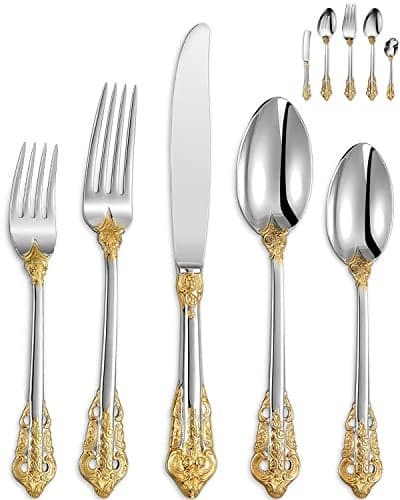 KEAWELL Luxury 65 Pieces 1810 Stainless Steel Flatware set Service for 12 silver plated with gold accents Fine Silverware set and Dishwasher Safe