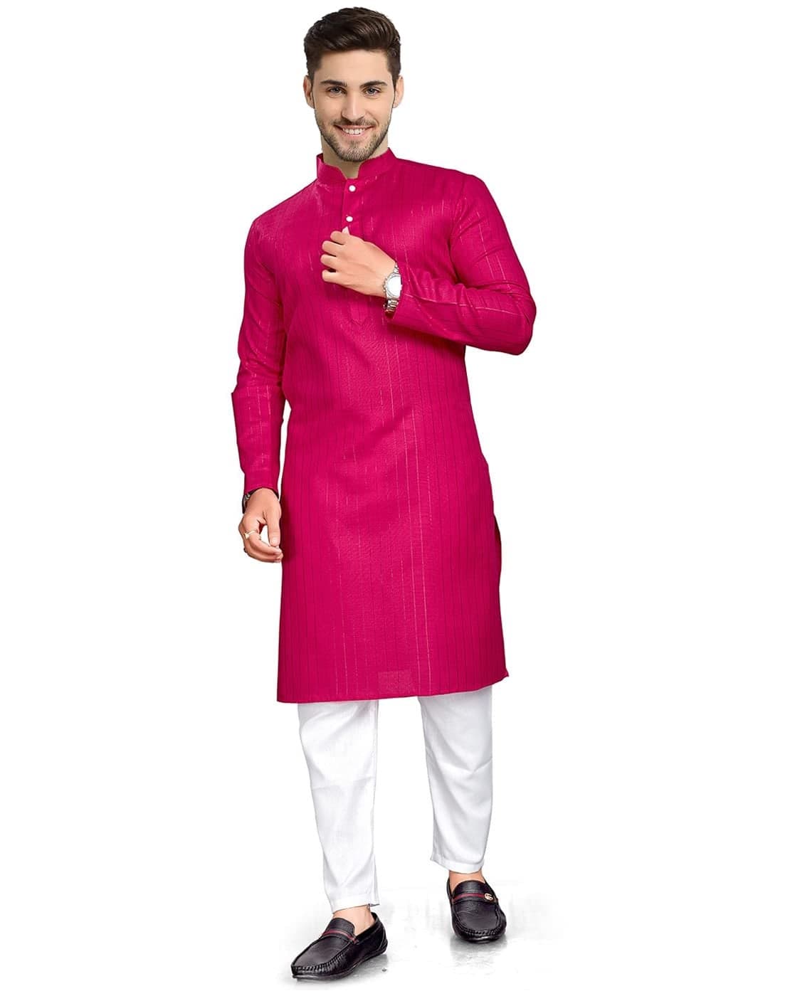 Enmozz Men's Textured Lining Cotton Blend Regular Fit Kurta Pink, XS