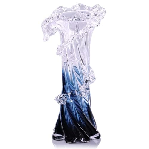 12" H Blue Blown Glass Vase, Modern Art Hand Blown Coastal Vase,Beautiful Unique Ocean Wave Centerpieces for Living Room, Bedroom, Office Desktop,Coffee Table and Wedding Decorative (L)