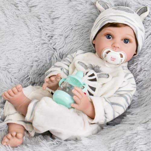 Aori Lifelike Reborn Baby Dolls 22 Inch Realistic Newborn Baby Boy Doll in Soft Weighted Body Zebra Outfits Real Life Reborn Toddler Boy Gift Set for Kids 3