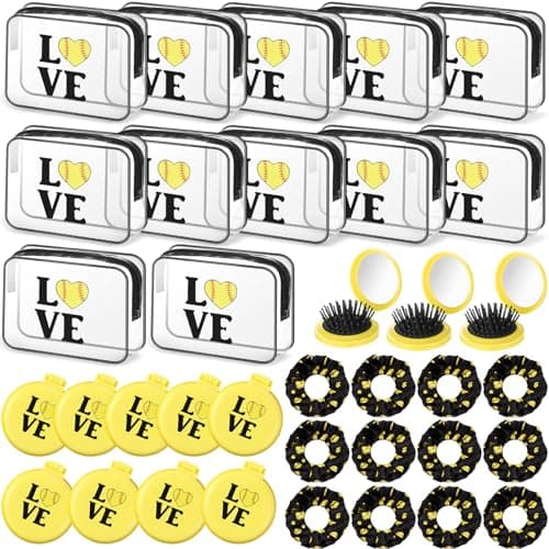 Yungyan 36 Pcs Softball Gifts 12 Softball Makeup Bag for Women Party Favors Team Gifts with 12 Sport Hair Scrunchies 12 Round Portable Folding Brush