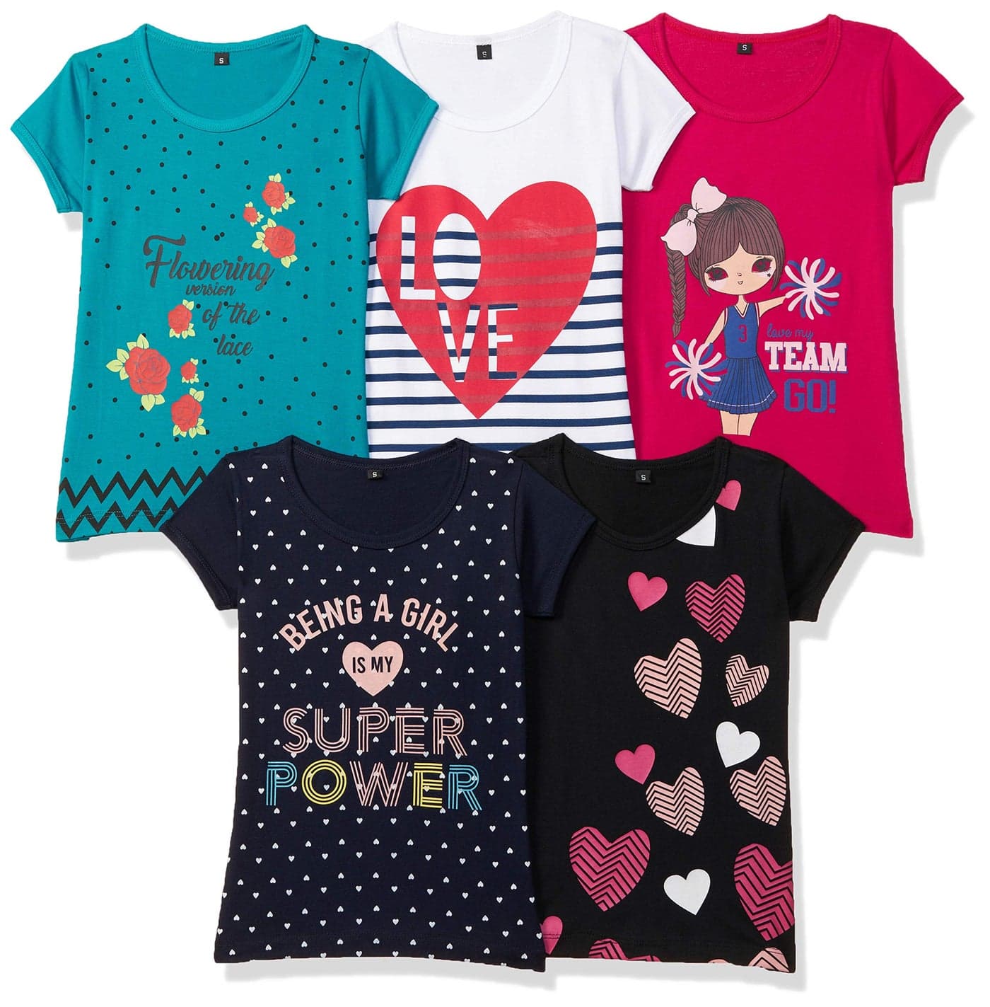 T2F Girl's Cotton Regular Fit T-Shirt(Pack of 5)