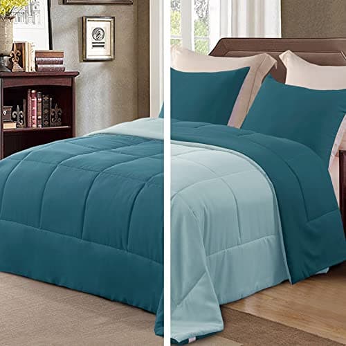Exclusivo Mezcla Lightweight Reversible Queen Size Comforter Set Down Alternative Comforter with 2 Pillow Sham Queen Size Bedding Set for All Seasons Dusty TealAqua Blue