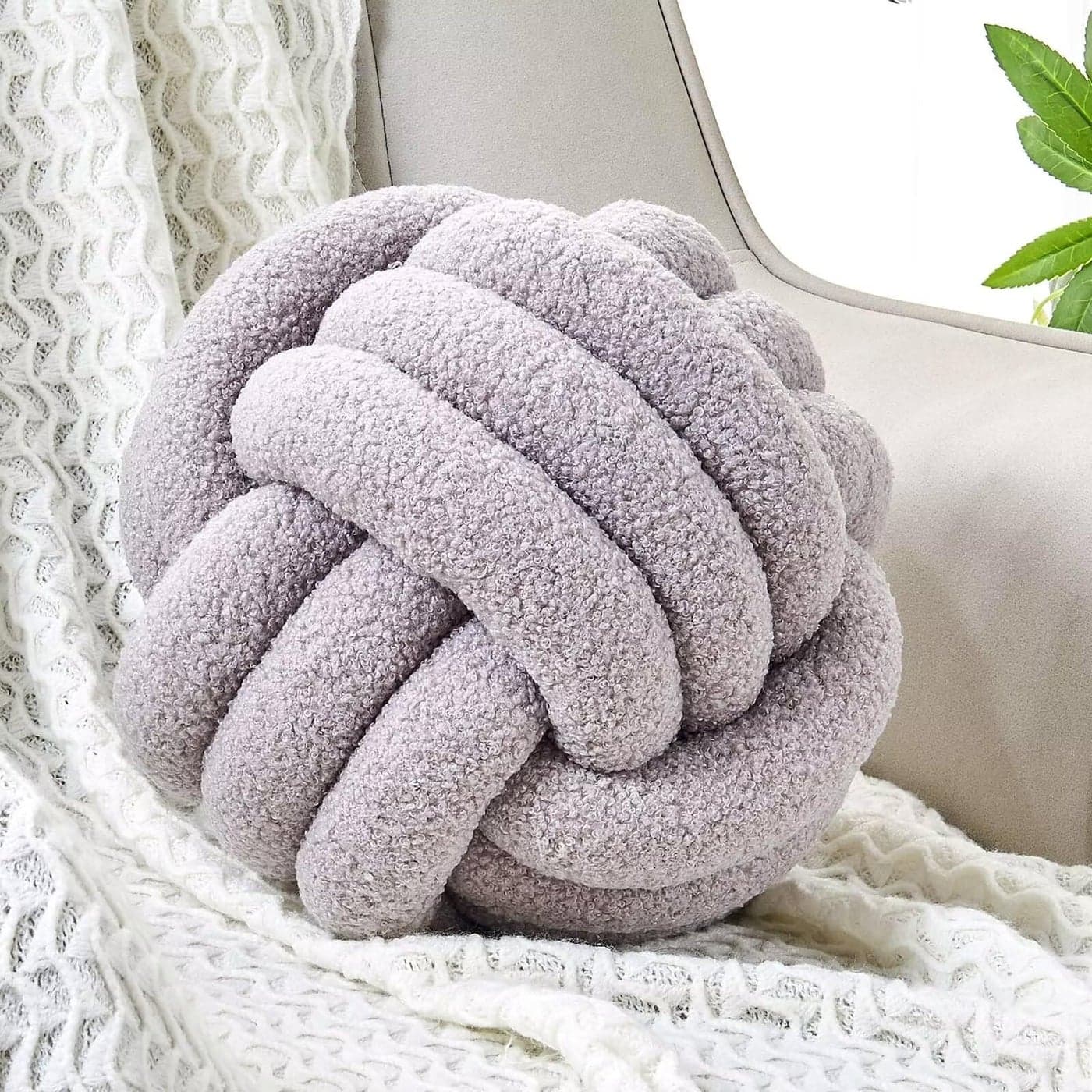 Uvvyui Knot Pillow Ball Soft Home Decorative Round Throw Pillow Handmade Knotted Plush Pillow Round Boucle Pillow Cushion 86 Inches Light Grey