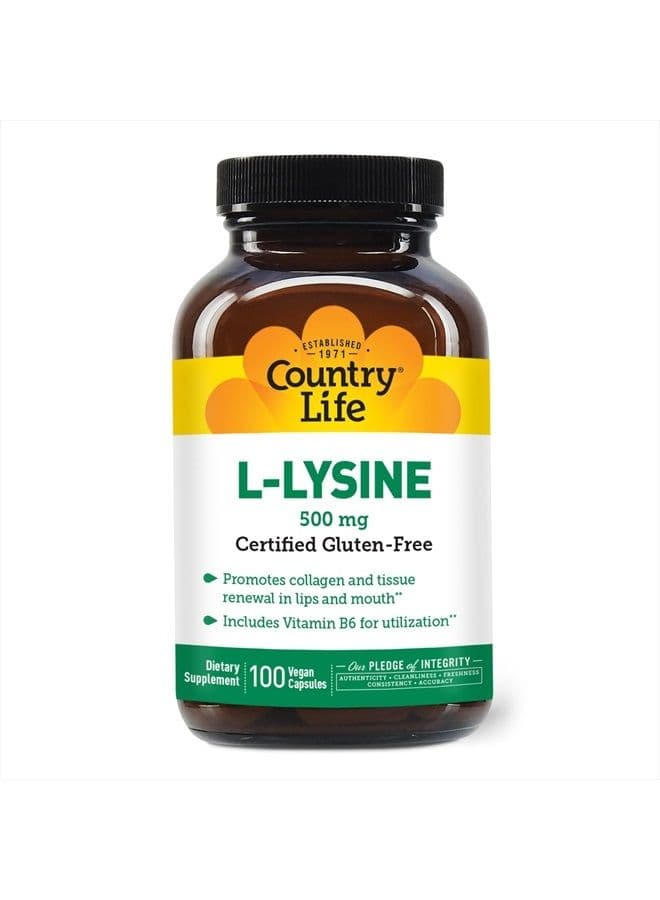 L-Lysine 500mg with B-6, Supports Immune Health, Promotes Collagen Renewal in Lips and Mouth, 100 Vegan Capsules, Certified Gluten Free, Certified Vegan
