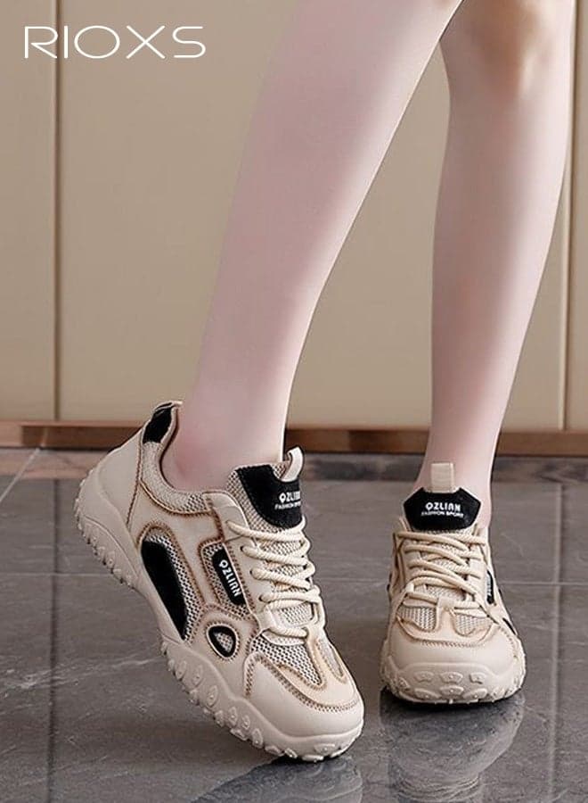 Women's Thick-Soled Sneakers, Low-Top Lace-Up Casual Walking Shoes, Non-Slip Lightweight Breathable Mesh Outdoor Sneakers, Color-Blocked Fashionable Flat Shoes for Travel, Hiking, Fitness, Jogging, Commuting, Driving, Shopping, and Everyday Use, Beige and Black