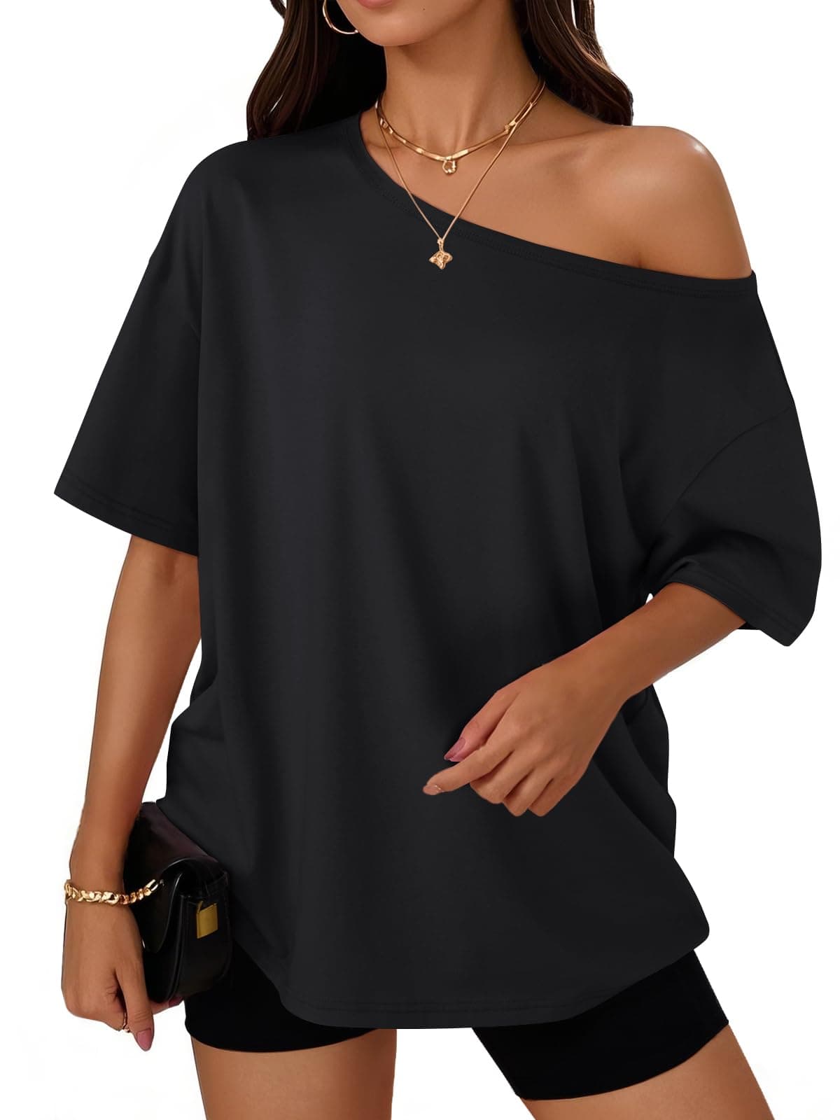 Trendy Queen Womens Off The Shoulder Tops Oversized T-Shirts Short Sleeve Tees Summer 2025 Casual Spring Fashion Clothes Workout Gym Y2k Cute Going Out Clothing Black XL
