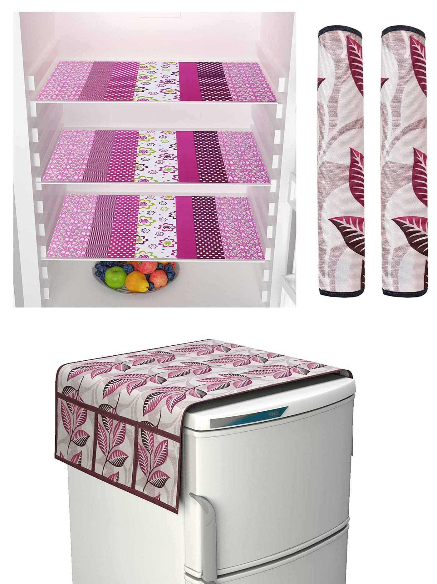 Yellow Weaves Combo of Exclusive Decorative Fridge Top Cover, 2 Fridge Handle Covers + 3 Fridge Mats (Purple, set of 6 Pieces)