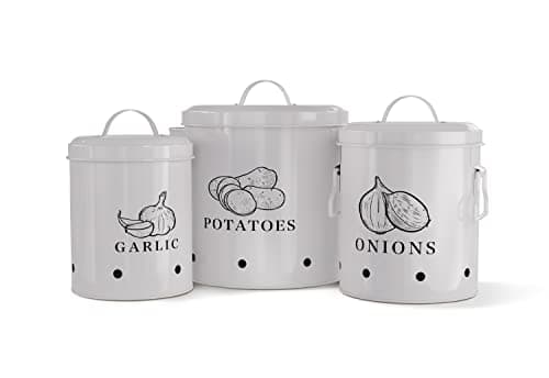 KooK Potato, Onion & Garlic Kitchen Storage Canisters, Rustic Farmhouse Containers with Aerating Holes, Vintage Vegetable Tins, Set of 3, 5 Liter, 2 Liter & 1 Liter (Slate Grey)