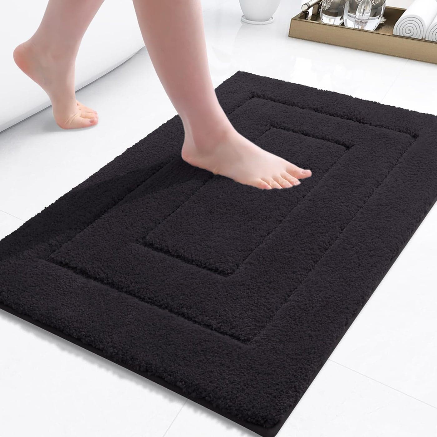 Buganda Bathroom Rugs 24 x 16 Soft and Absorbent Microfiber Bath Rugs NonSlip Shaggy Shower Carpet Machine Wash Dry Bath Mats for Bathroom Floor Tub and Shower Black