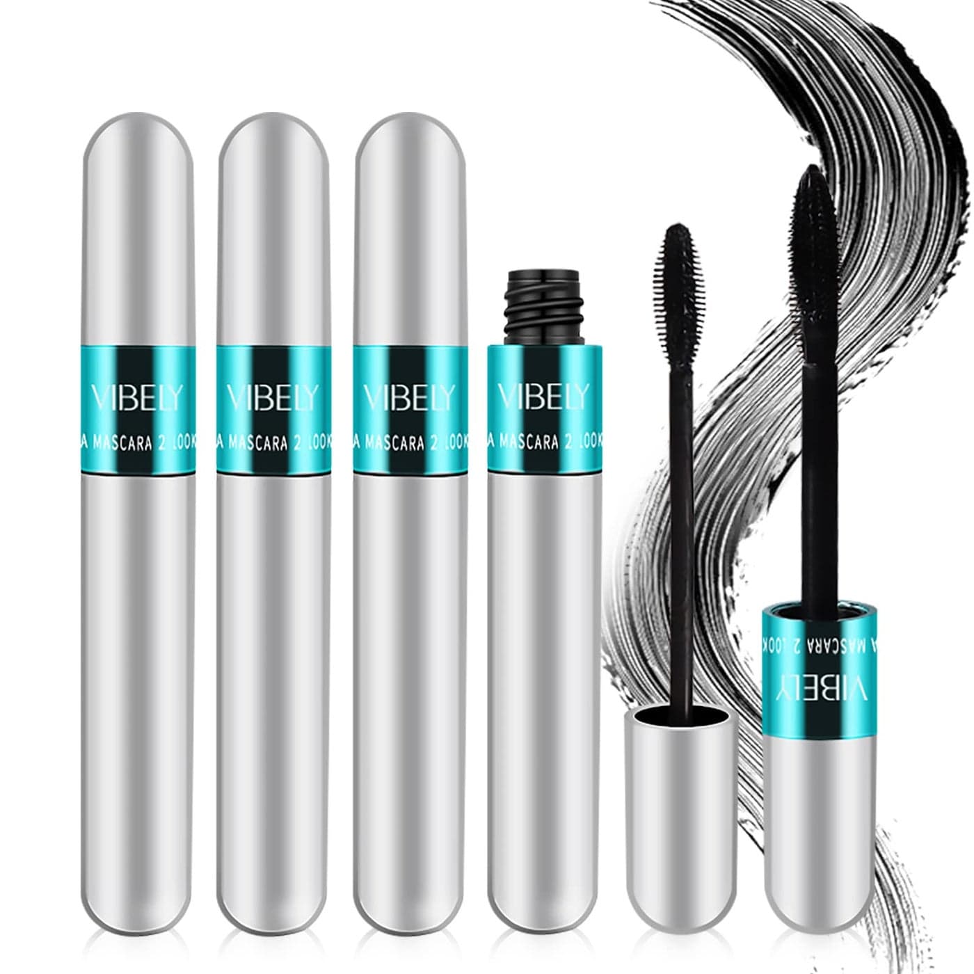 4 Pack VIBELY Mascara 5x Longer Washable 2 in 1 4D Silk Fiber Lash Mascara Natural Lengthening and Thickening No Clumping Longlasting