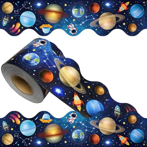 69Ft Outer Space Theme Bulletin Board Borders Galaxy Bulletin Board Border Star Planet Astronaut rocket Scalloped Border Trim for Teacher School Office Supplies DIY Chalkboard Home Wall Decor