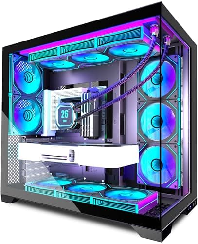 ANSAITE PC CASE 9 PWM ARGB Fans Pre-Installed, Mid-Tower Gaming PC Case, Panoramic Tempered Glass Computer Case with Type-C,420mm&360mm Radiator Support,Black,K9