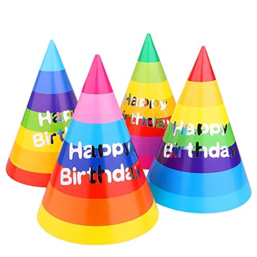 Azude Rainbow Party Hats for Kids and Adults 12 Pack Happy Birthday Cone Hats with Metallic Foil Text Sturdy 250gsm Paper Birthday Caps for Boys Girls Classroom Celebrations 79 Inch