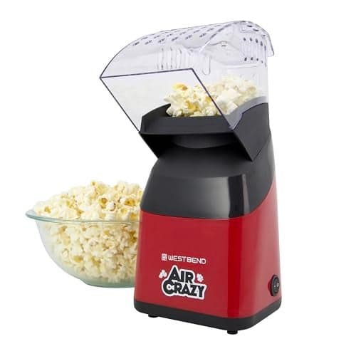 West Bend Air Crazy Hot Air Popcorn Popper Machine for Healthy Snacking with No Oil, Includes Dual-Purpose Measuring Cup & Butter Melter, 4-Quart, Red