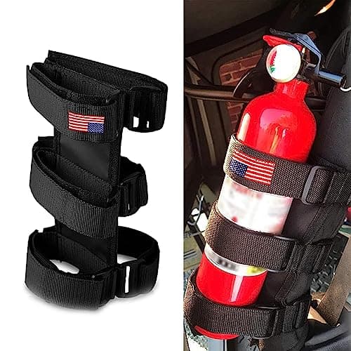 gunhunt 1 PC Fire Extinguisher Mount American Flag Roll Bar Fire Extinguisher Holder Strap Adjustable Fire Extinguisher Fixed Belt for Jeep Wrangler 19652022 JK JKU TJ CJ Gladiator Black