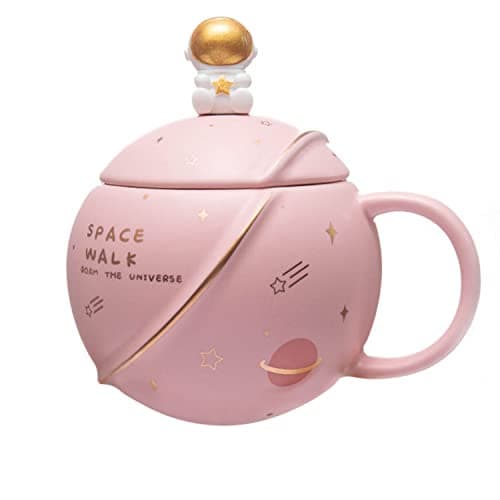 NYRWANA Coffee Mug, Gift for Man, Mugs for Present, Birthday Present for Brother, Astronaut Planet Coffee Mug with 3D Creative Space, Lid & Spoon (400ml-Pink)