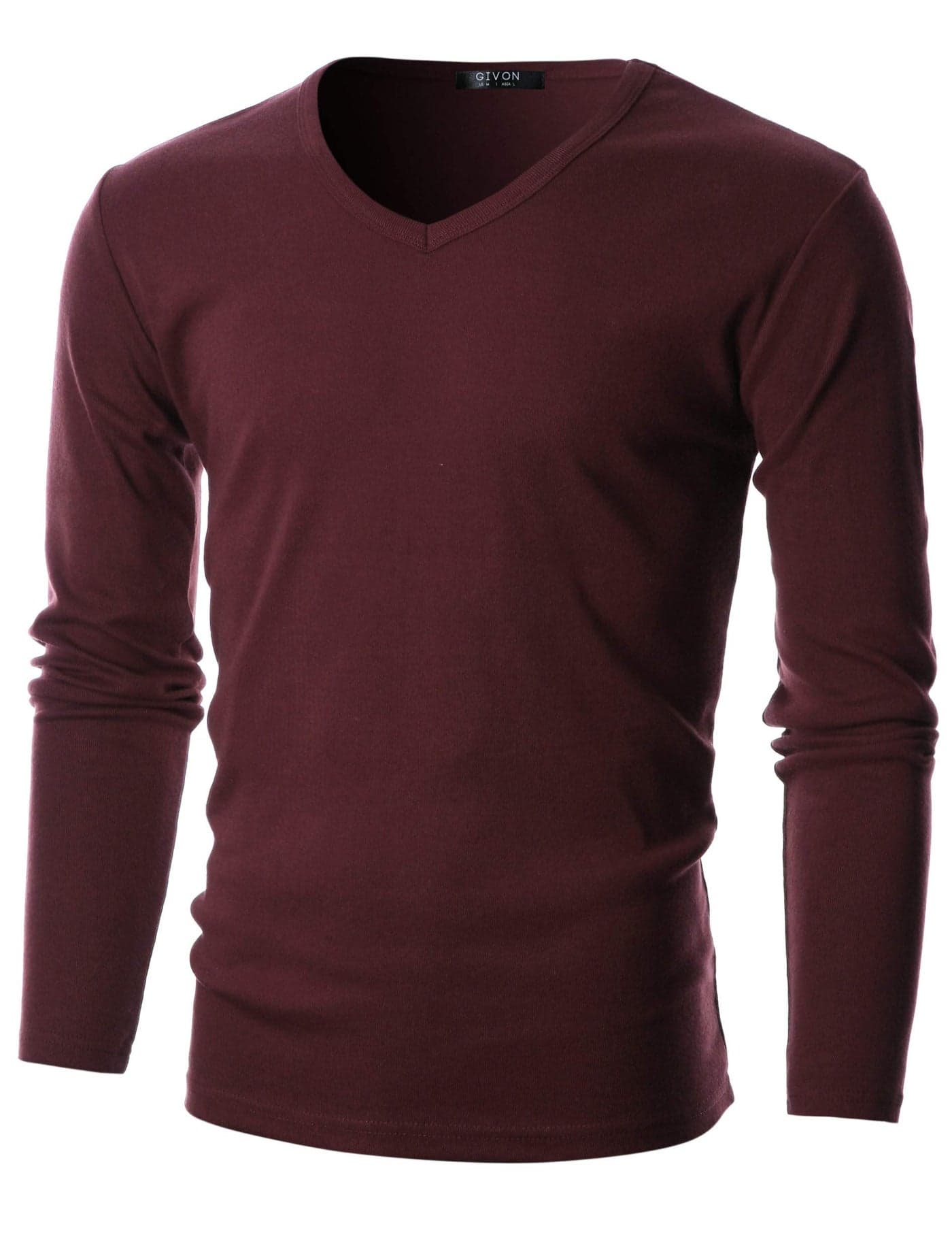GIVON Men’s Slim Fit V-Neck Long Sleeve T-Shirt – 100% Cotton Ribbed Knit – Midweight Base Layer or Standalone Top / DCP053-BURGUNDY-XXL