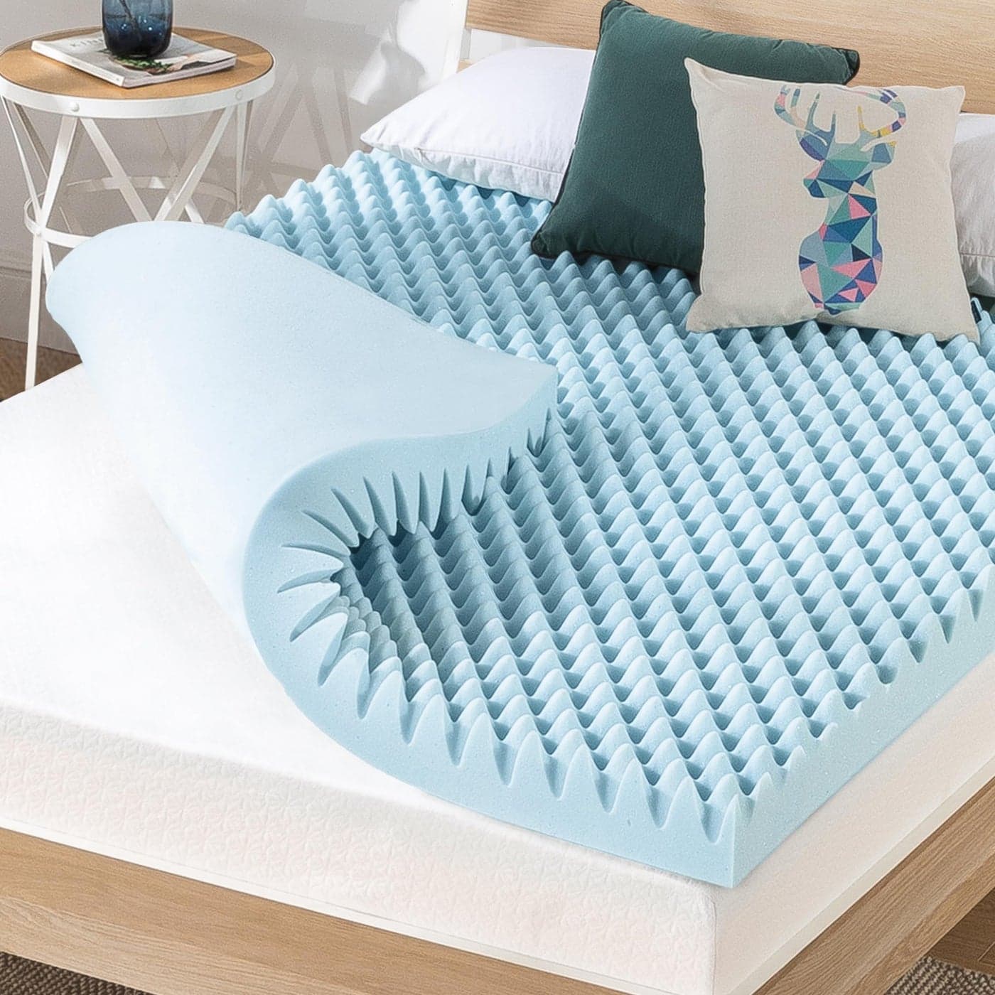 Best Price Mattress 4 Inch Egg Crate Memory Foam Mattress Topper with Cooling Gel Infusion CertiPURUS Certified Dorm Essentials Queen Light Blue