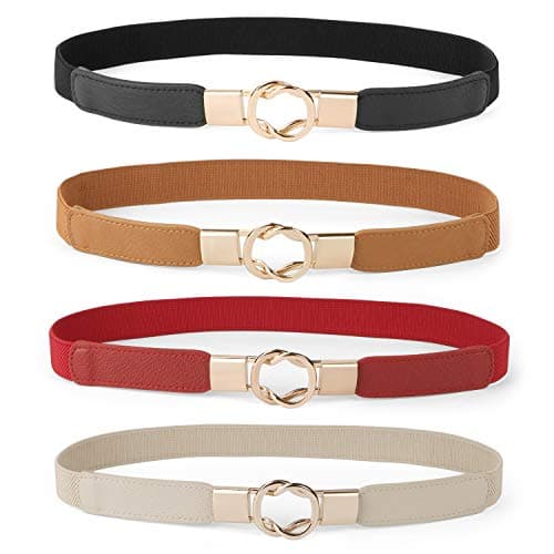 WERFORU Women Skinny Belt for Dresses Retro Stretch Waist Belt with Gold Buckle Set of 4,Black+Brown+Beige+Red
