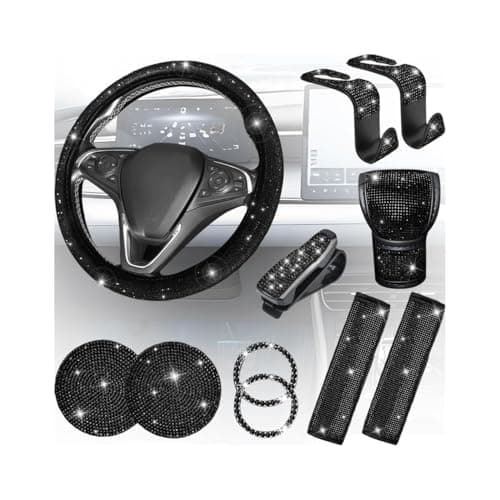 TNAIYH 11PCSSet Bling Car Accessories Set for Women Rhinestone Vehicle Steering Wheel Cover Seat Belt Cushion Gear Shift Protector Cup Holder Coaster Universal Automotive Accessories Black