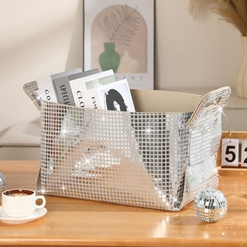 Geelin Disco Ball Storage Basket for Organizing 15x10x9 in Glitter Silver Foldable Fabric Storage Bin with Carry Handle for Shelves Bling Felt Basket Organizer for Home Decor Office Laundry1 Pcs