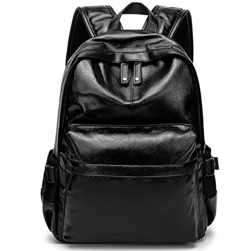 Leather Laptop Backpack for Men Women School College Bookbag Casual Travel Daypack Black