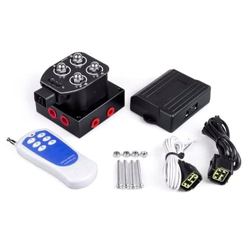 ZHSYMX Universal Air Ride Suspension Manifold Solenoid Valve 1/4 NPT 12V Air Ride Suspension Manifold Bag Controller Valve Pneumatic Shock Absorber With Control Box and Remote(0-200psi)