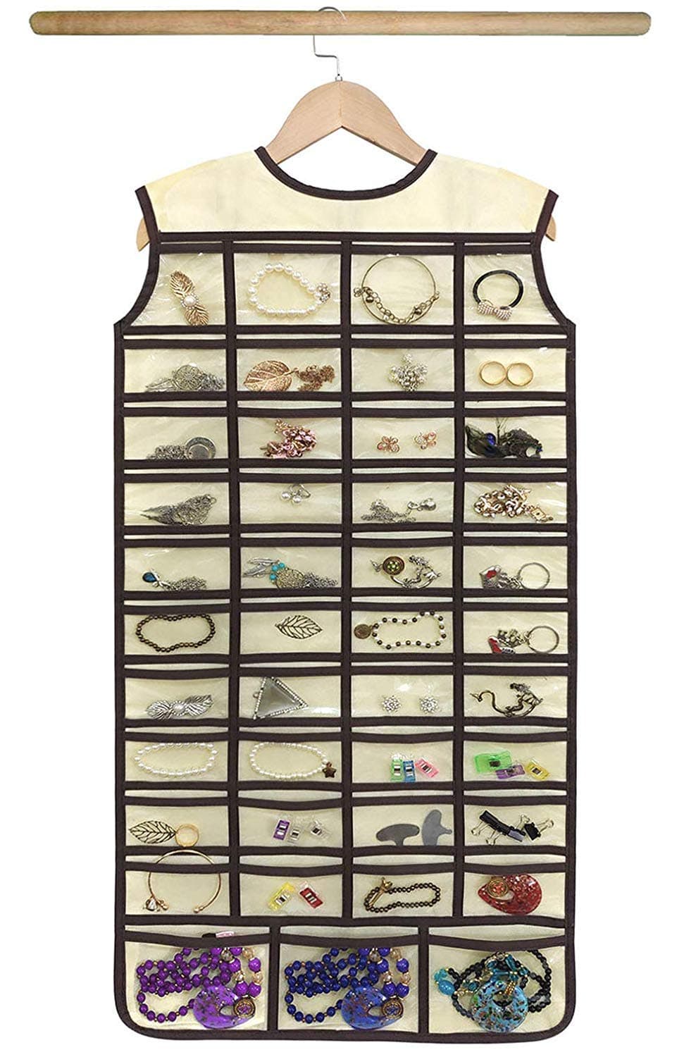 Home Style India Hanging Jewelry OrganizerDouble Sided Jewelry Storage Organizer with Wooden Hanger86 Clear PVC Pockets for Holding Necklaces Bracelets Rings Earrings Beige