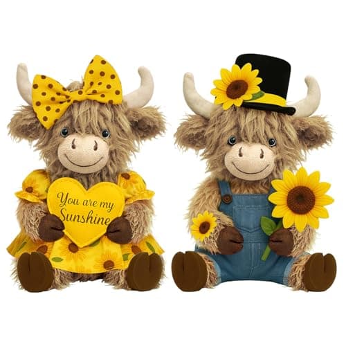 JolliLudo 2 Pcs Sunflower Highland Cow Decor Faux Fur Animal Statue, Soft Holiday Spring Highland Cow Figurines, Summer Scottish Cattle, Farm Animal Cattle Decor Gifts