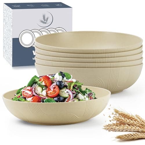 Wrova 10inch Wheat Straw Big Bowls Set of 6 - Large Salad Bowls 65oz set of 6 - Unbreakable Serving Bowls Microwave & Dishwasher Safe for restaurant - Big Plastic Bowls for Cereal,Salad - Beige Series