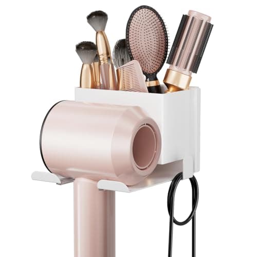 Hair Dryer Holder Wall Mounted, Hair Tools Organizer, Bathroom Space-Saving Blow Dryer Organizer Curling Irons Storage Hair Dryer Comb Attachments White (Self-Adhesive and Drilling)