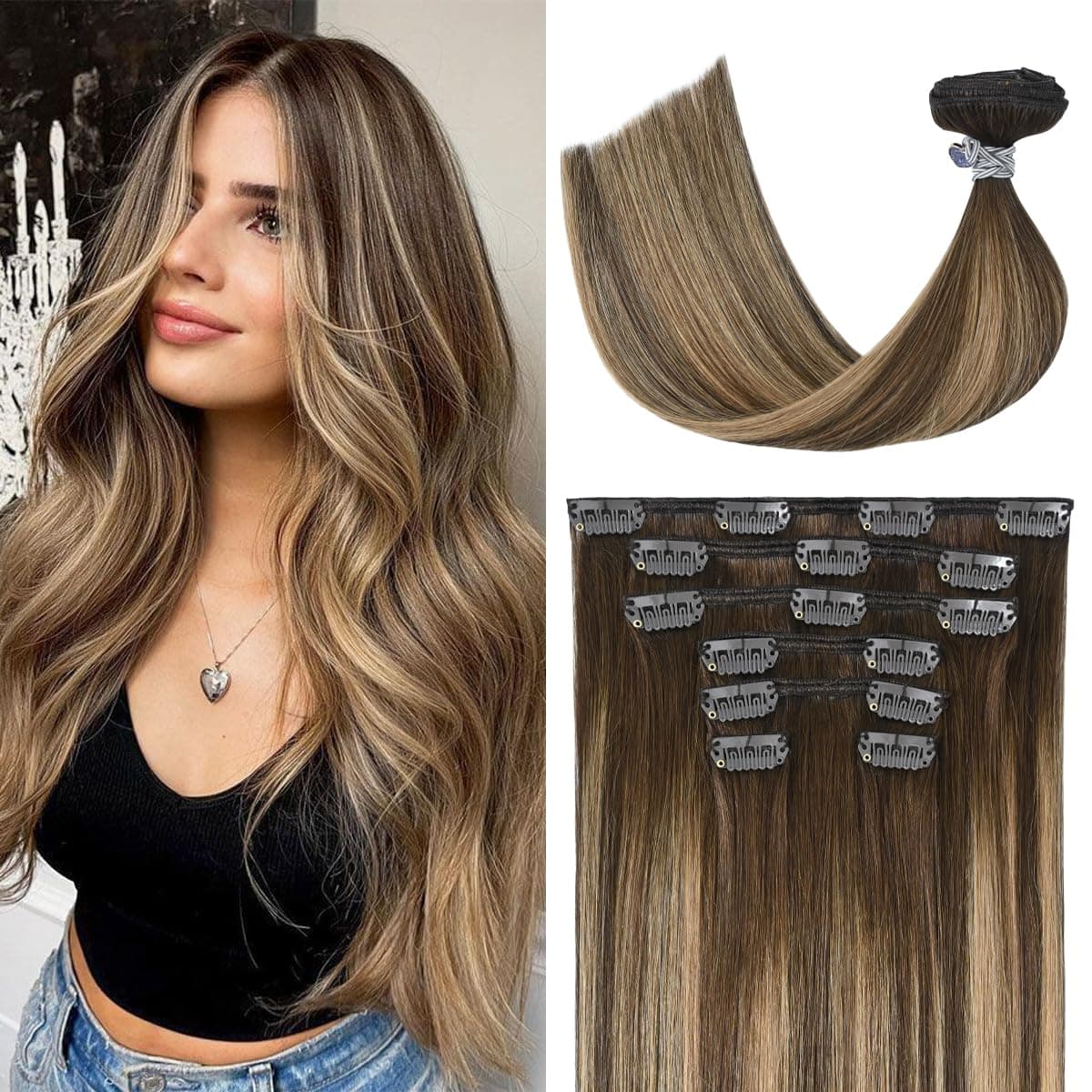 Balayage Hair Extensions Real Human Hair Ombre Medium Brown Fading to Caramel Blonde 18inches 70g Highlights 100 Human Hair Natural Straight Woman Beauty Clip ins 4274