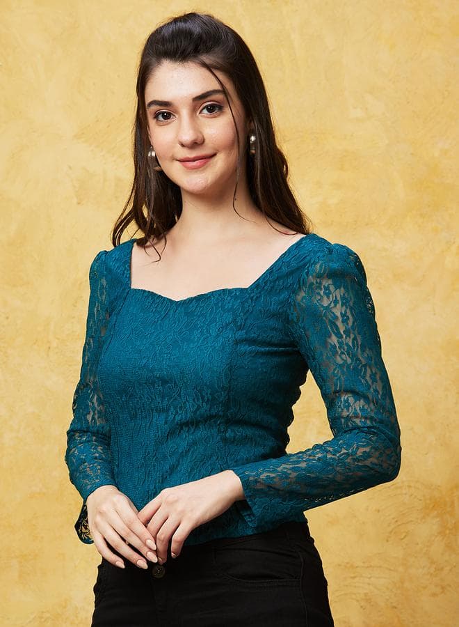 Globus Sweetheart Neck Puff Sleeves Lace Top
