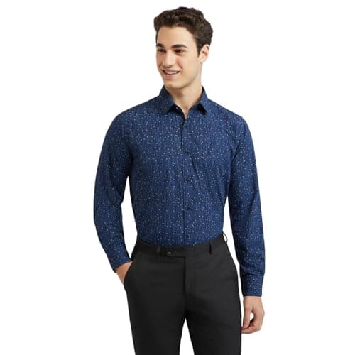 Raymond Cotton Men's Print Slim Fit Shirt (RCSQ01680-B4_Medium Blue