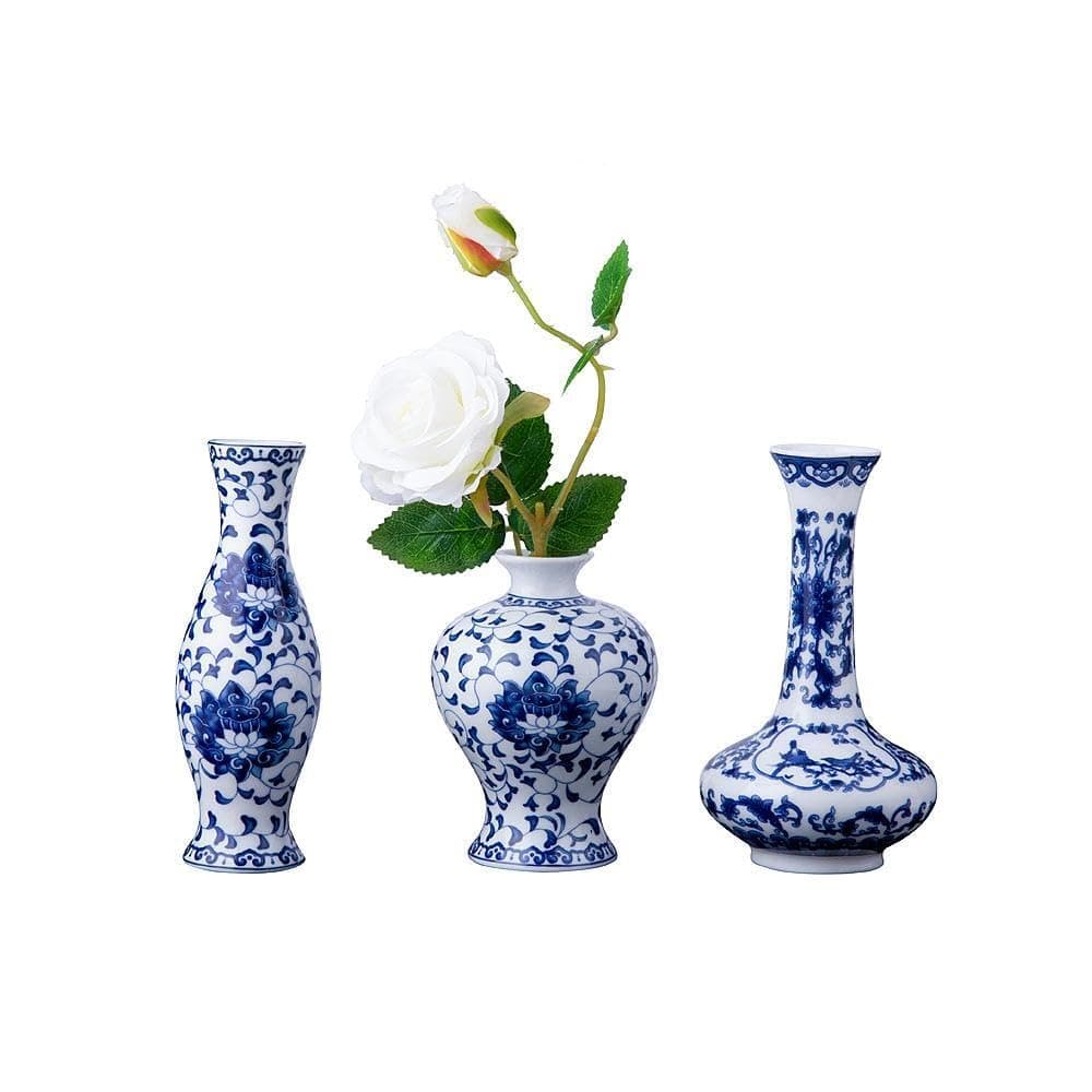 Set of 3 Small Blue White Porcelain Vases Fambe Glaze Porcelain Vases Set of 3 Classic Ceramic Flower Vases for Home Dcor