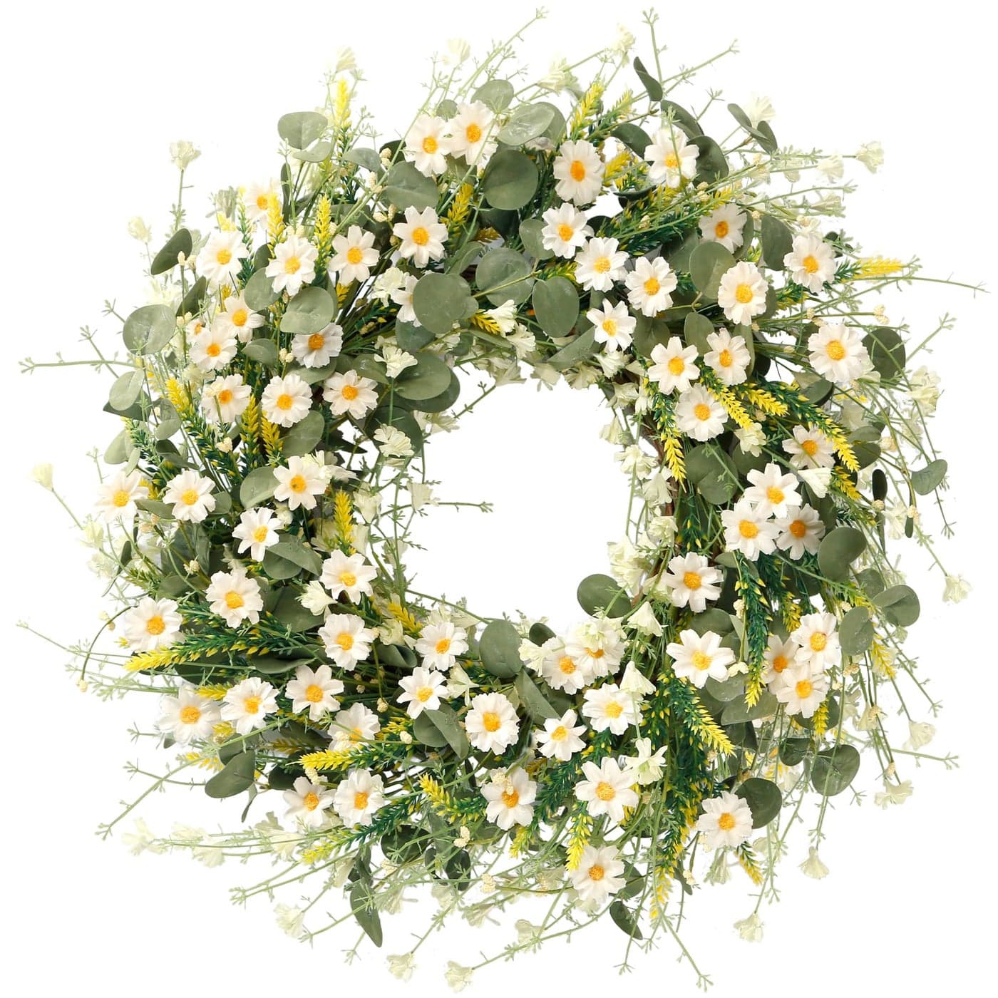 Sggvecsy White Daisy Wreath 24 Inch with Fake Silk Floral Green Eucalyptus Leaves and Lavender for Spring Summer Front Door Window Wall Wedding Farmhouse Festival Decor