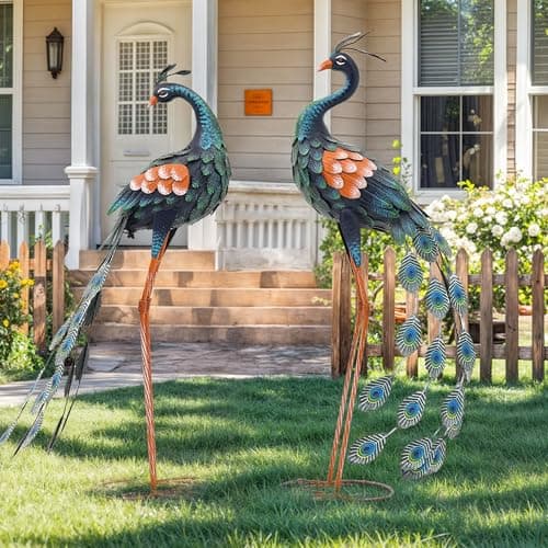Autodaya 36" Oversized Peacock Decor Set of 2, Hand-Painted Metal Yard Art, Weatherproof Outdoor Garden Statues & Sculptures for Lawn, Flower Beds, Patio, Backyard or Indoor Kitchen & Home Decor