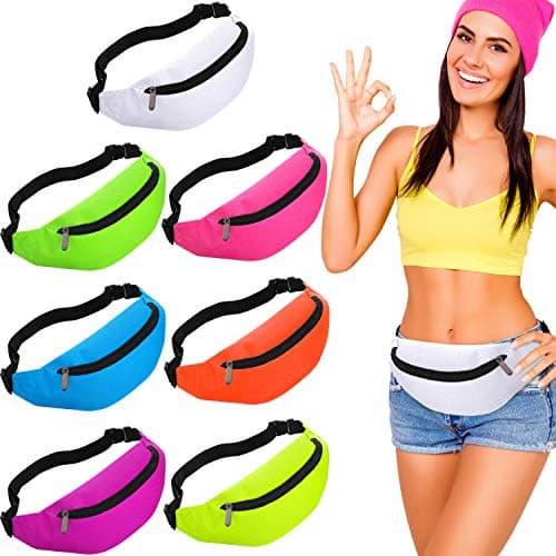 Weewooday 7 Pieces Neon Fanny Pack 80s Party Waist Bag Adjustable Waist 2 Zipper Travel Running Fanny Pack for Rave Party Women