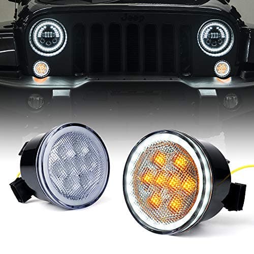 Xprite LED Turn Signal Lights with White Halo, Plug & Play Front Grille Parking Lights Compatible with 2007-2018 Jeep Wrangler JK JKU,Clear Lens