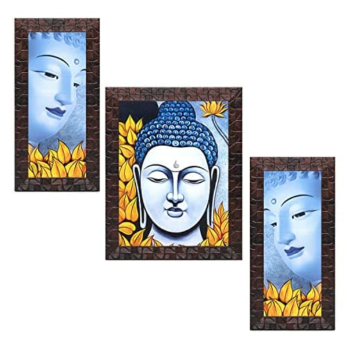 Indianara Set of 3 Gautam Buddha Framed Painting (6 X 13, 10.2 X 13, 6 X 13 INCH, Copper Leaf)