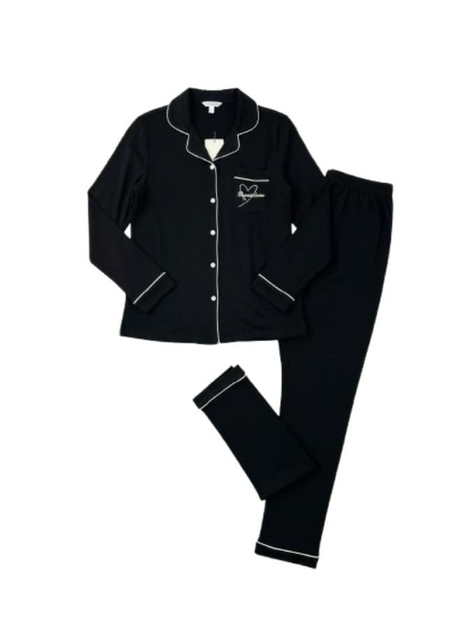 JOANNA - Soft Black Long Sleeve Pajama Set for Women | Chic Loungewear with Contrast Piping