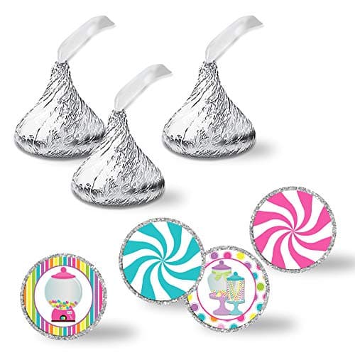 Sweet Shoppe Candy Shop Birthday Party Kiss Sticker Labels, 300 Party Circle Sticker Sized 0.75” for Chocolate Drop Kisses by AmandaCreation, Great for Party Favors, Envelope Seals & Goodie Bags